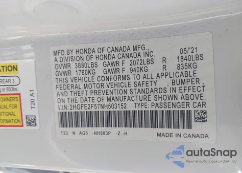 2022 Honda Civic Sport z USA, uszkodzony, nr VIN 2HGFE2F57NH503152